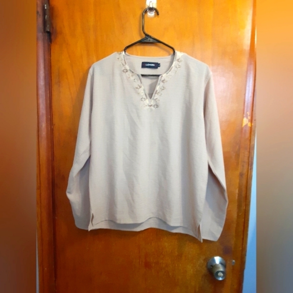 Lemon Women's Camel Tan Color Sheer Long Sleeve Embroidered Neckline Blouse Size